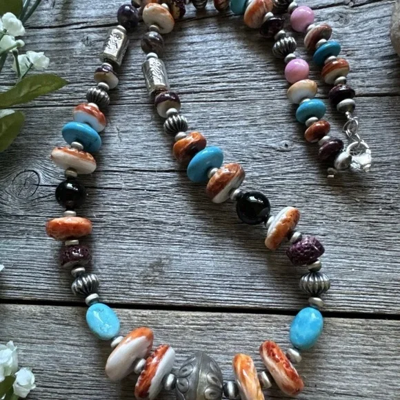 Southwestern 925 Sterling Silver Multi Gem Stone W Pearls Bead Necklace. 26 inch